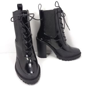 ASOS Ellen Black Faux Patent Shiny & Flexible Lace Up Moto Boots NWOT